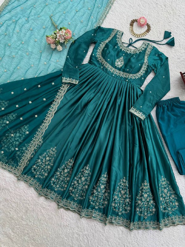 Full Sleeves Pleated Green Gown with Heavy Border Embroidery