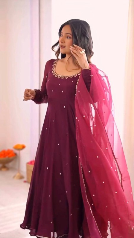 Embroidered Neck Full Sleeve Anarkali Suit in Deep Plum
