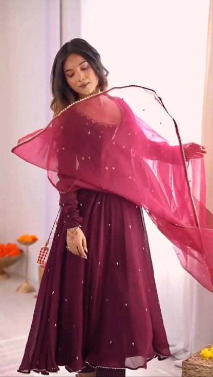 Embroidered Neck Full Sleeve Anarkali Suit in Deep Plum