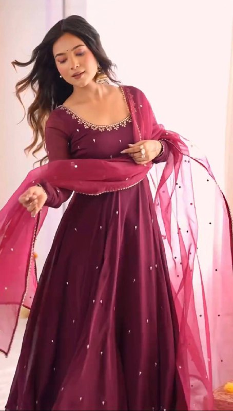 Embroidered Neck Full Sleeve Anarkali Suit in Deep Plum