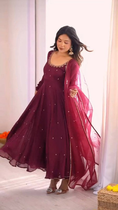 Embroidered Neck Full Sleeve Anarkali Suit in Deep Plum