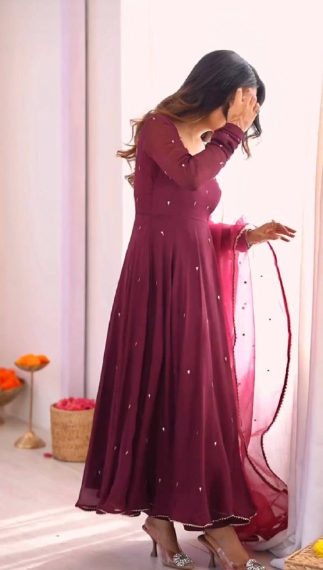 Embroidered Neck Full Sleeve Anarkali Suit in Deep Plum