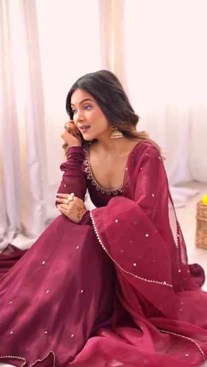 Embroidered Neck Full Sleeve Anarkali Suit in Deep Plum