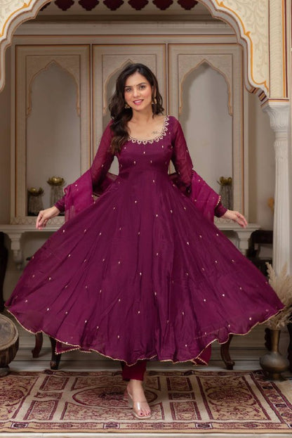 Embroidered Neck Full Sleeve Anarkali Suit in Deep Plum