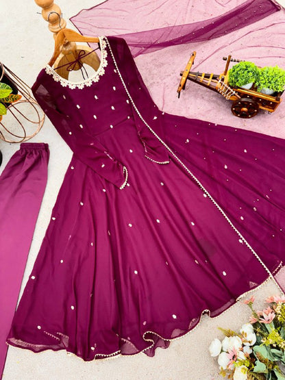 Embroidered Neck Full Sleeve Anarkali Suit in Deep Plum