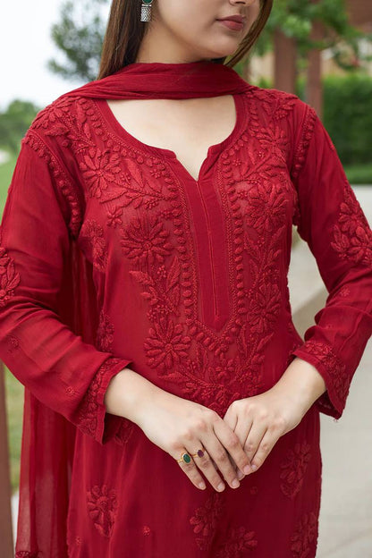 Designer Deep Red Heavy Chikankari Kurta Set with Dupatta & Trousers