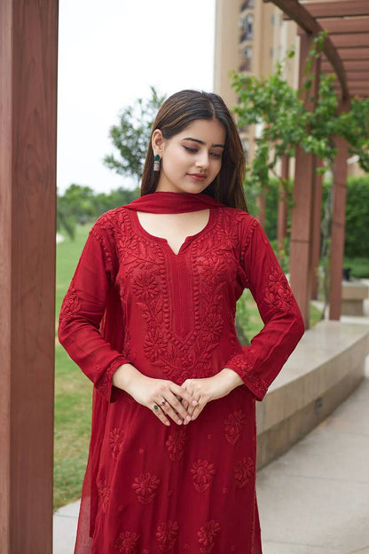 Designer Deep Red Heavy Chikankari Kurta Set with Dupatta & Trousers