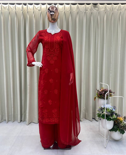 Designer Deep Red Heavy Chikankari Kurta Set with Dupatta & Trousers