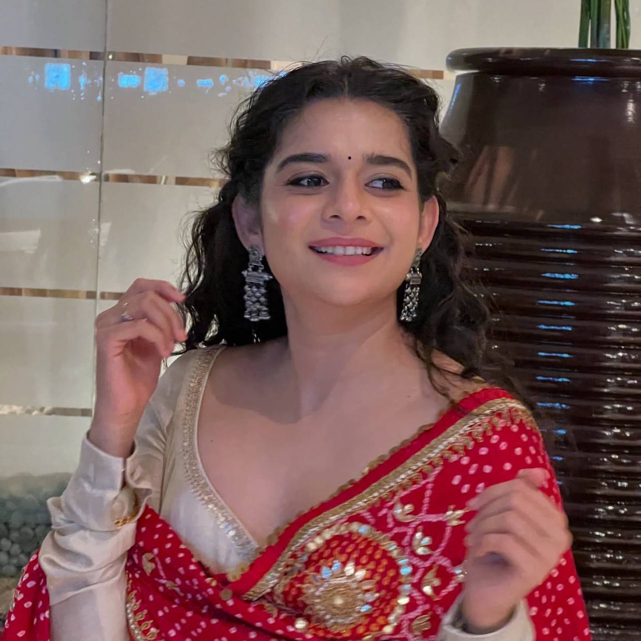 Cream Anarkali Suit with Red Bandhani Dupatta