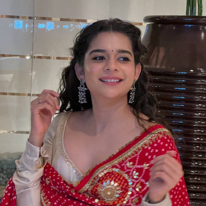 Cream Anarkali Suit with Red Bandhani Dupatta