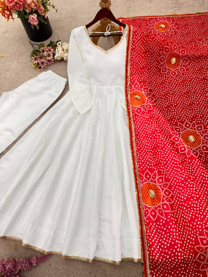Cream Anarkali Suit with Red Bandhani Dupatta