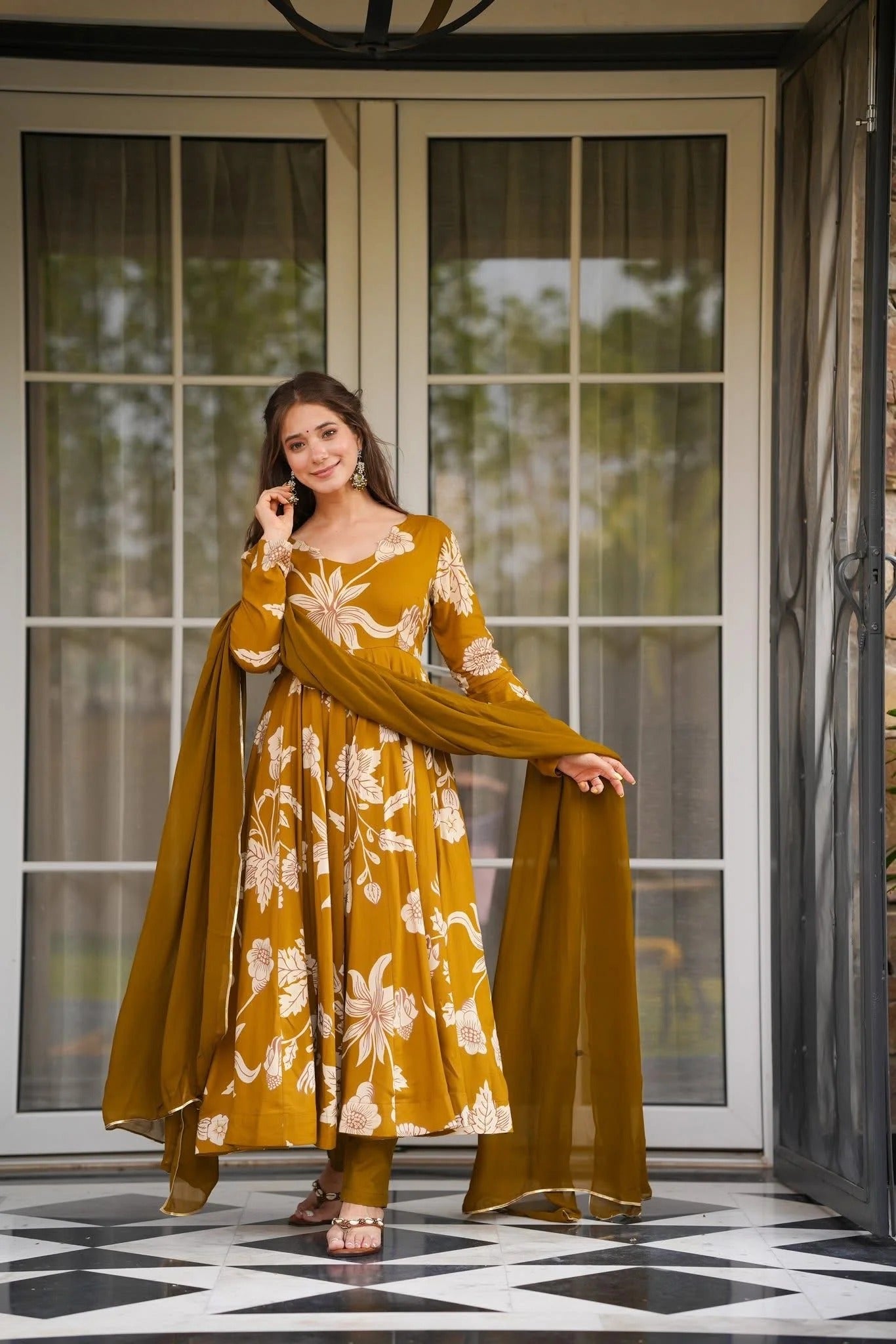 Ethnic Mustard Floral Flared Anarkali Kurta Set