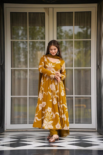 Ethnic Mustard Floral Flared Anarkali Kurta Set