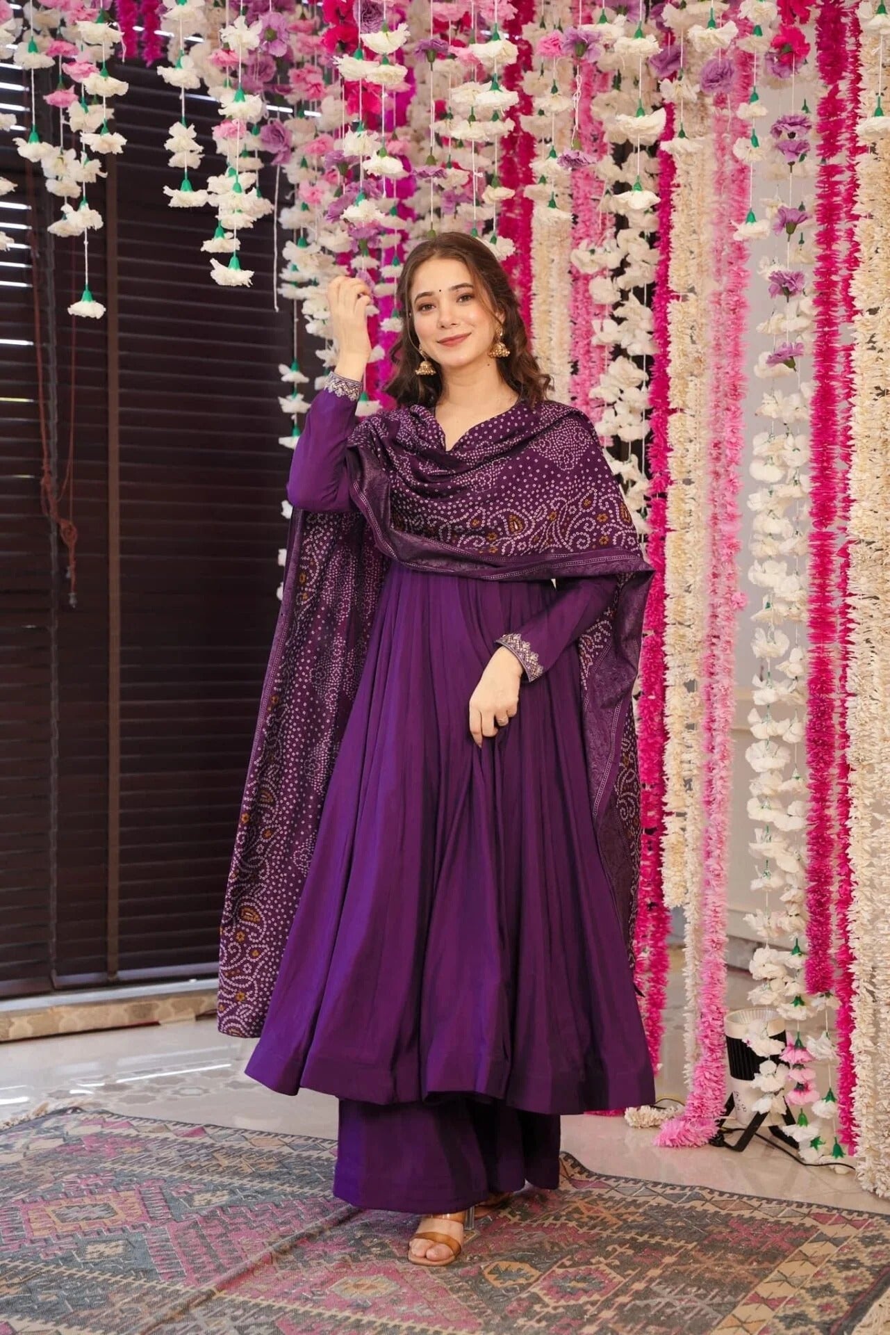 Elegant V-Neck Full Sleeve Anarkali Gown with Palazzo and Bandhej Dupatta