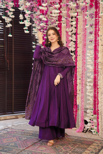 Elegant V-Neck Full Sleeve Anarkali Gown with Palazzo and Bandhej Dupatta