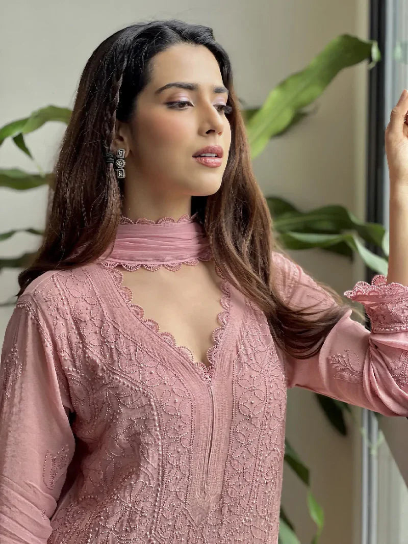 Trending faux georgette top cotton thread embroidered work and work plazo with dupatta