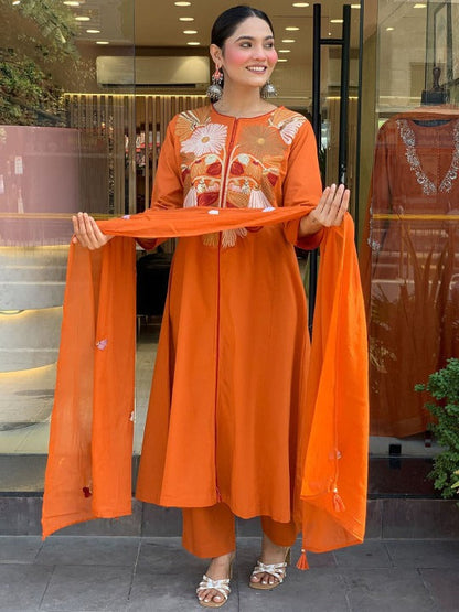 Elegant Floral Embroidered Yoke Kurta Set in Deep Orange