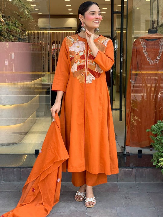 Elegant Floral Embroidered Yoke Kurta Set in Deep Orange