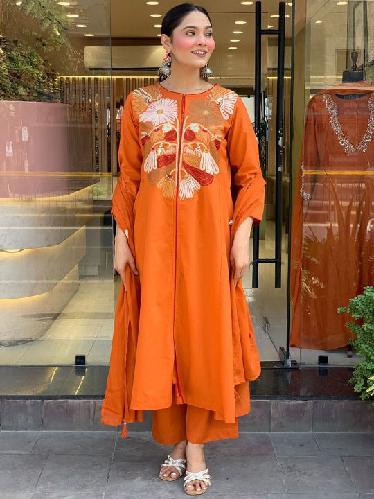 Elegant Floral Embroidered Yoke Kurta Set in Deep Orange