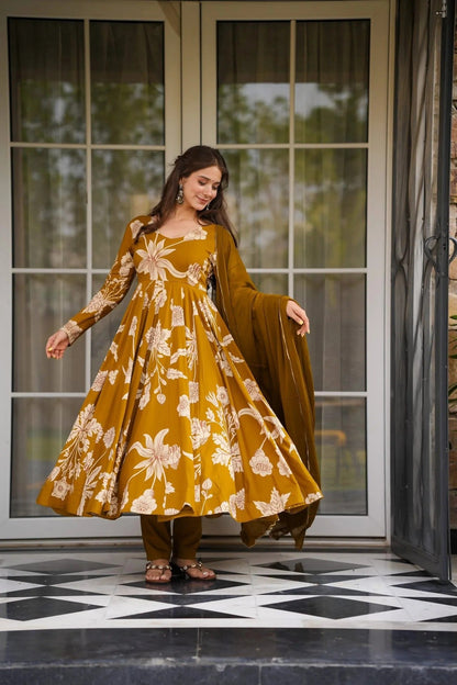 Ethnic Mustard Floral Flared Anarkali Kurta Set