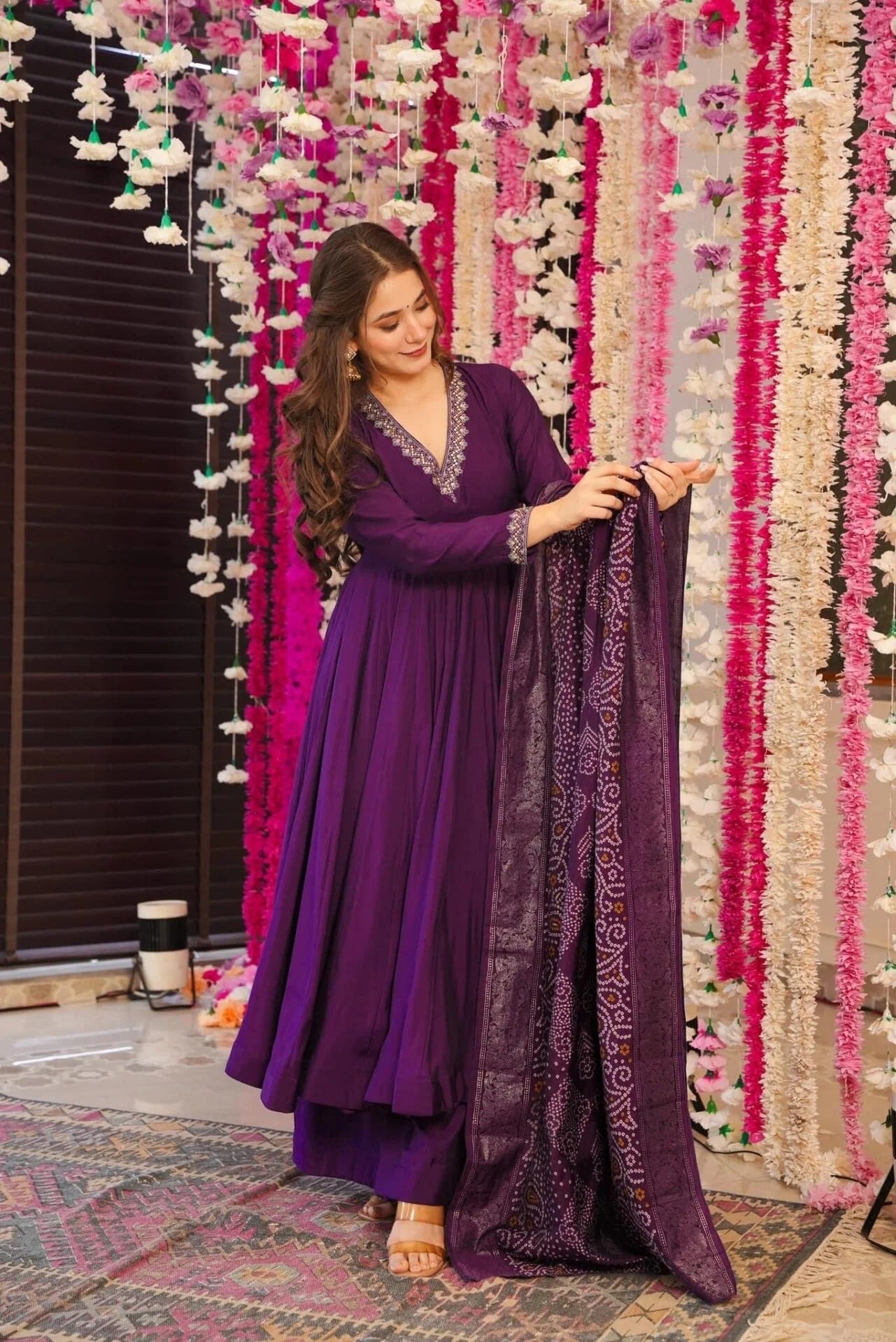 Elegant V-Neck Full Sleeve Anarkali Gown with Palazzo and Bandhej Dupatta