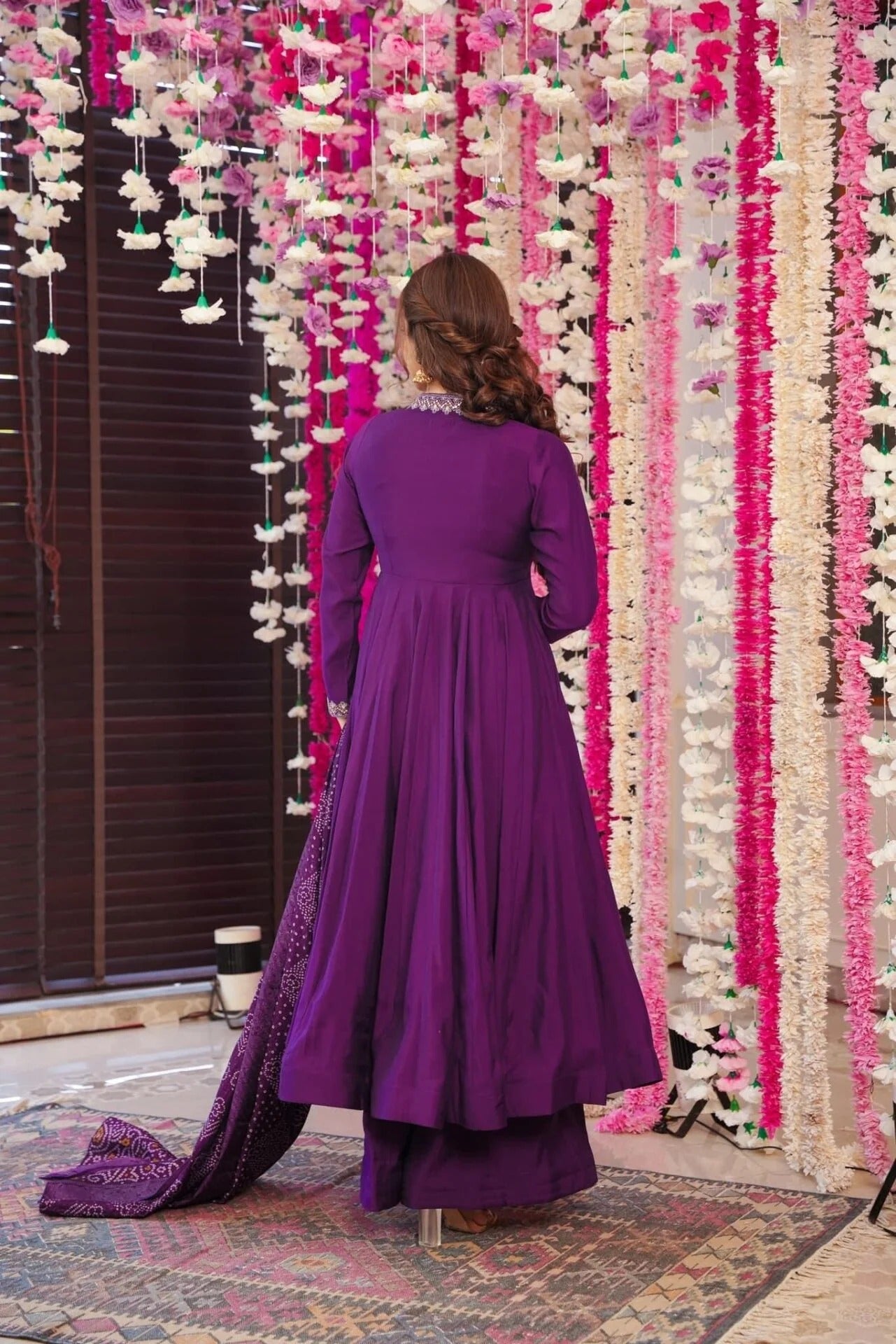 Elegant V-Neck Full Sleeve Anarkali Gown with Palazzo and Bandhej Dupatta