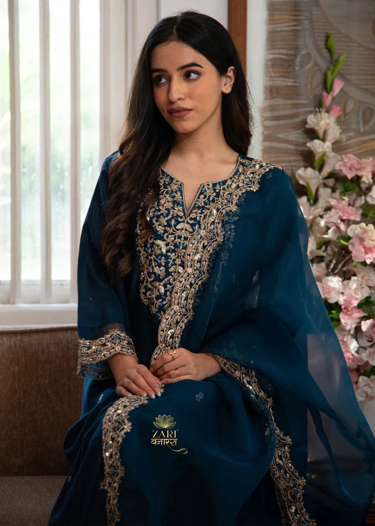 Heavy Gold Embroidered Neck Teal Blue Silk Blend Salwar Suit