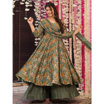 Elegant Green Muslin Floral Print Anarkali Sharara Suit